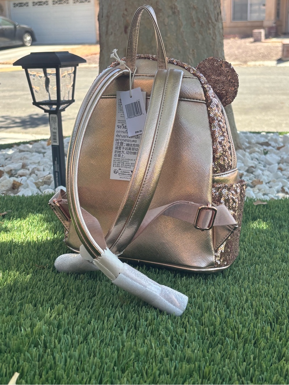 Loungefly Metallic Rose Gold Sequin Mini Backpack with Bow Accent - Picture 2 of 2